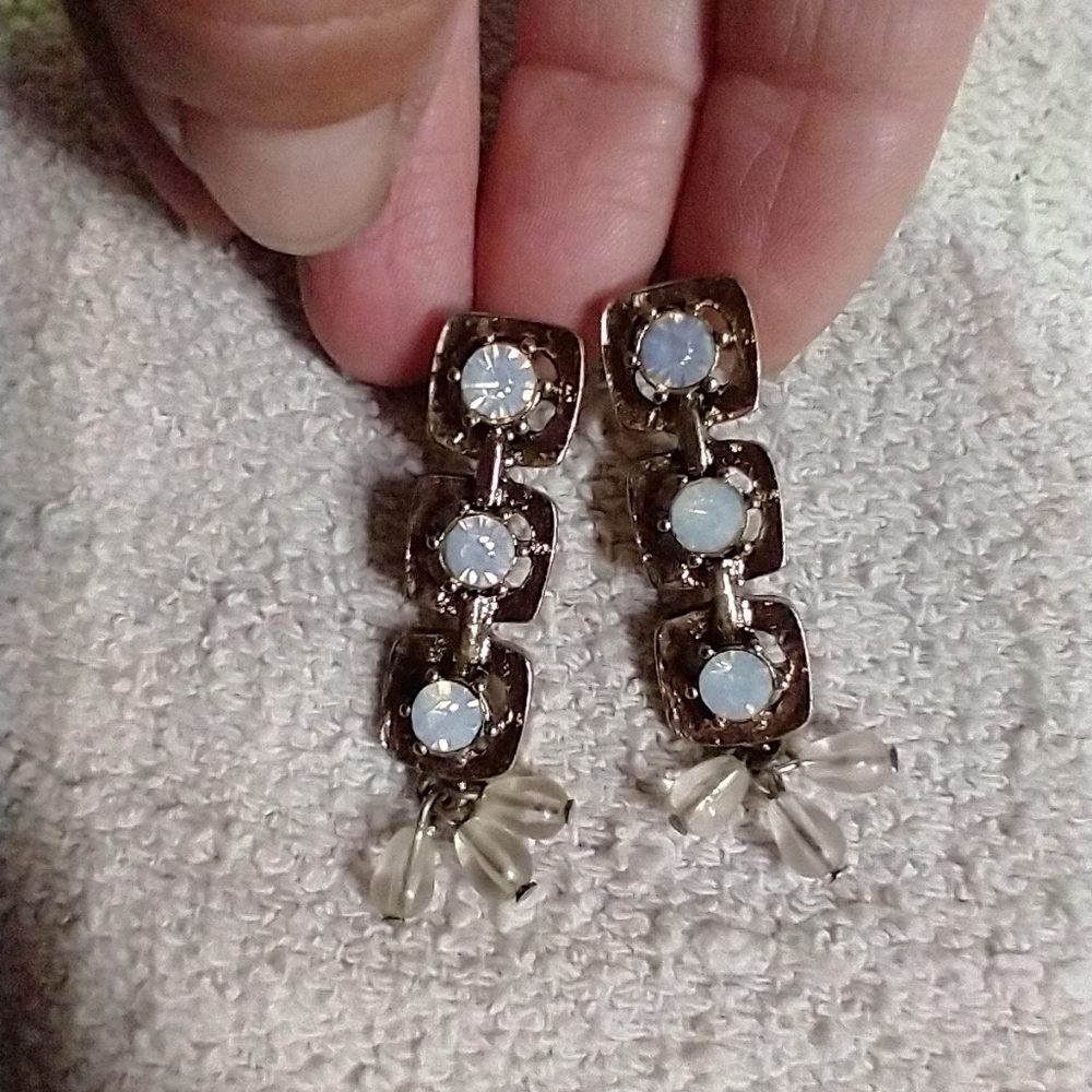 Silvertone square white stone dangle earrings no backs